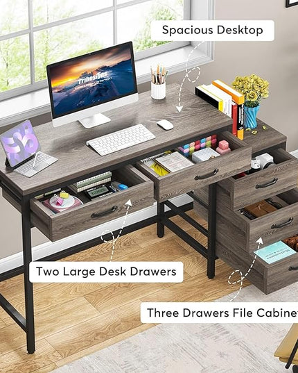 Tribesigns Computer Desk with 5 Drawers, Home Office Desks with Reversible Drawer Cabinet Printer Stand, Industrial PC Desk with Storage, Grey Study Writing Table Workstation for Small Spaces