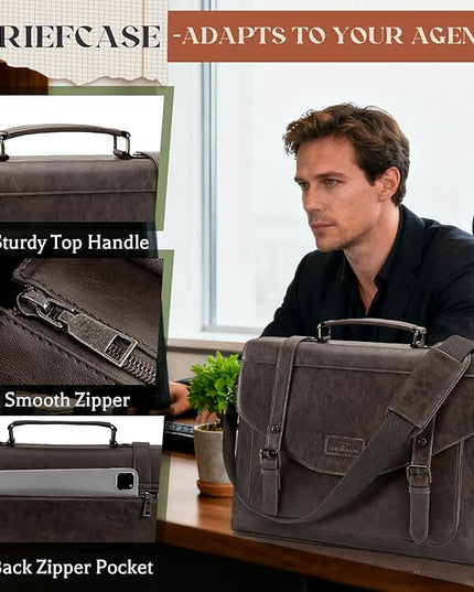 RAINSMORE Flap Messenger Bag for Men Vintage PU Leather Laptop Bag 15.6 Inch Retro Briefcase with Wallet Satchel Computer Bag