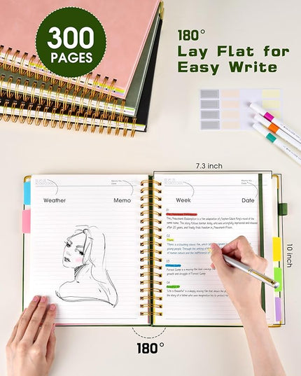 Hardcover Spiral Notebook journal with Removable Dividers Tabs, 300 Pages Leather 5 Subject Notebook College Ruled, 8"x10" Large B5 Notebooks for Work School Note taking, Lined Journal for Women,Green
