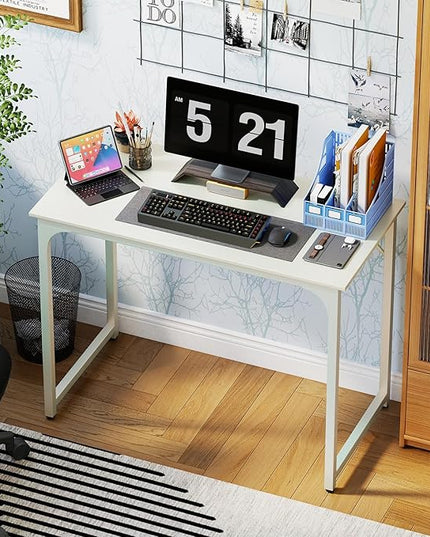PayLessHere | 39 Inch Computer Desk | White | Office Desk with Metal Frame, Adjustable Feet | Water-Resistant, Scratchproof Surface | Sturdy Writing Table for Home Office or Study | Pack of 1