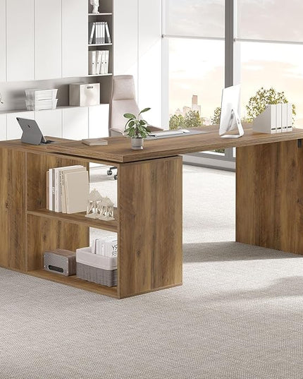 HSH 360 Rotating L Shaped Desk with Drawers, L Shape Computer Desk with Storage Cabinet Shelves, Rustic Home Office Desk for Executive Writing Study Work, Wood Table Swivel Desk, Rustic Oak, 55 Inch