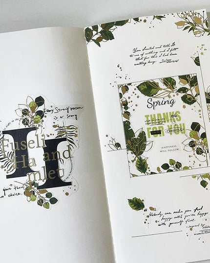 WT Green Oasis Washi Sticker Set, 3 Rolls, Original Designs, Pastel Decorative, Plants Sticker, Gold Foil, Bujo Planner Supplies, DIY Paper Stickers