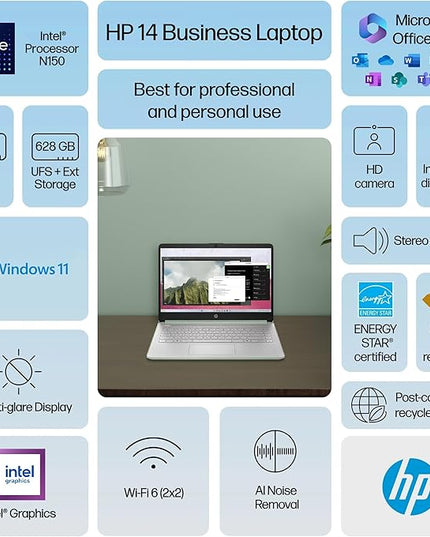 HP 14 Laptop Student Business 2025 Flagship Computer, AI Copilot, 4-Core 13th Gen Intel CPU, 16GB RAM 628GB Storage (128GB UFS+ 500GB Ext), 1-Yr Office 365, Long Battery HubxcelAccessory Win 11S Green