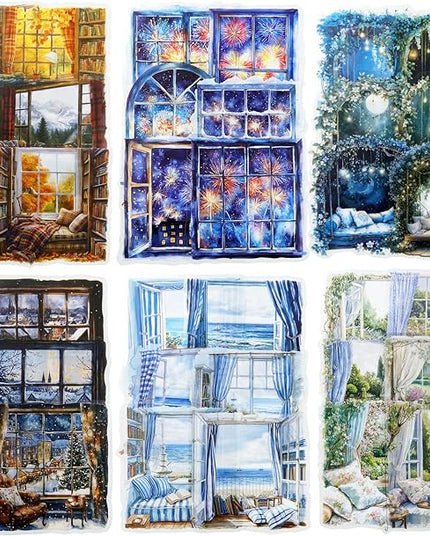 AuriicLeaf Window Scenery PET Sticker Set, 60Pcs Large Landscape Stickers for Scrapbooking, Journaling, Junk Journal Supplies, and DIY Crafts