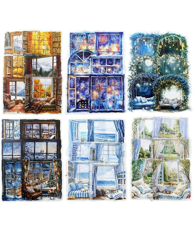 AuriicLeaf Window Scenery PET Sticker Set, 60Pcs Large Landscape Stickers for Scrapbooking, Journaling, Junk Journal Supplies, and DIY Crafts