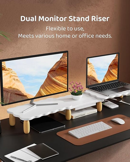 Dual Monitor Riser, Cookie-Shaped Adjustable Length & Swivel Angle, Wooden Desktop Organizer for 2 Monitors,Monitor Stand with Drawer for Laptop, PC, Computer, Printer,White