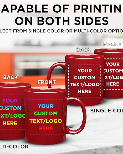 Custom Ceramic Coffee Mugs 11 oz. Set of 100, Personalized Bulk Pack - Coffee cup set, Iced coffee cup, Gaming mug - Red