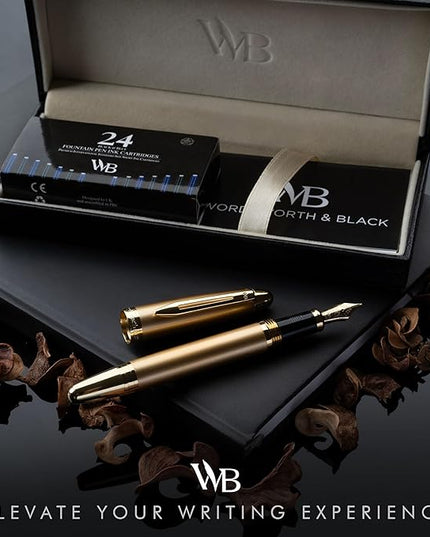 Wordsworth & Black Majesti Fountain Pen-(Gold), Luxury Case, 24K Gold Finish; 18K Gilded Medium Nib- Ink Cartridges, Refillable Ink Converter-Calligraphy Pen-Best Business Gift Set for Men & Women
