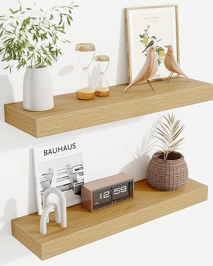 Fun Memories Floating Shelves Set of 2, 24 Inch Floating Shelves for Wall, Wood Wall Shelves with Invisible Brackets, for Bathroom, Bedroom, Living Room, Kitchen, Oak