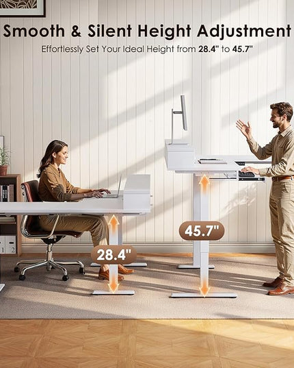 OffiGo 59 Inch L Shaped Electric Standing Desk with Drawers, Height Adjustable Corner Computer Desk with Keyboard Tray & Monitor Stand, Stand Up Table for Home Office Workstation, White