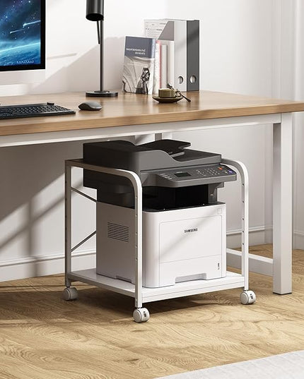 20 Inches Deep Large Printer Stand, 2 Tier Under Desk Printer Table with Height Adjustable Shelf, Rolling Printer Cart with Wheels for Home Office Storage - White