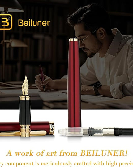 BEILUNER Red Fountain Pen,Stunning Luxury Pens with 24K Gold Finish, Gorgeous 24K Gilded Nib(Medium), Fancy Pen Gift for Men&Women -Ink Converter-Elegant,Professional,Office,Nice Pen for Writing