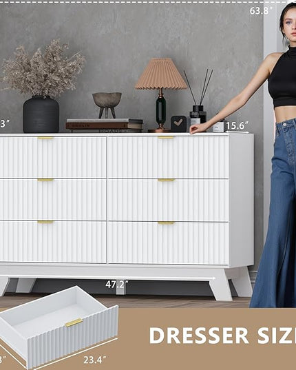 BORNOON Fluted 6 Drawer Dresser, 47.2" Wide Modern Boho Chest of Drawers, Wooden Storage Dresser TV Stand for Bedroom, Living Room, Closet, Hallway, Curved Profile Design