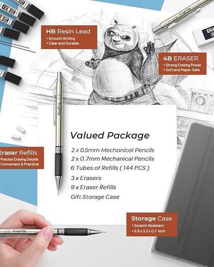 Nicpro Art Mechanical Pencil Set in Case, 4 PCS Metal Drafting Pencil 0.5 mm & 0.7 mm, Lead Pencil with 6 Tube HB Lead Refills, 3 Erasers, 9 PCS Eraser Refills for Artist Writing, Drawing, Sketching