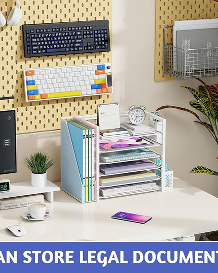 Simple Trending 6 Tier Desk File Organizer, Paper Letter Tray Organizer with File Holder and Pen Container, White