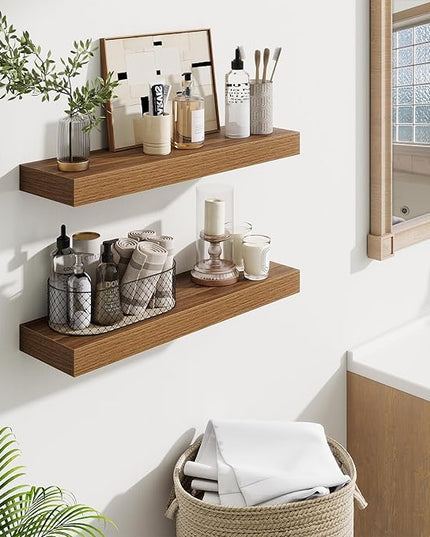 Fun Memories Floating Shelves Set of 2, 24 Inch Floating Shelves for Wall, Wood Wall Shelves with Invisible Brackets, for Bathroom, Bedroom, Living Room, Kitchen, Walnut