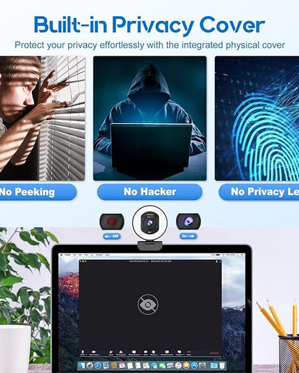 4K Webcam with Ring Light Web Cam 4K Autofocus with TOF Computer Camera 1080P 60FPS Web Camera Built-in Privacy Cover and Microphone Streaming Webcams for Zoom/Skype/Google Meet