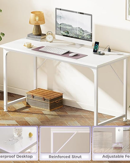 PRAISUN 47 X 20 Inch Office Computer Desk with Power Outlets and USB-C Port, Larger Gaming Desk, for Home Office, Study, Bedroom, Writing Work from Home Table, Metal Frame, White