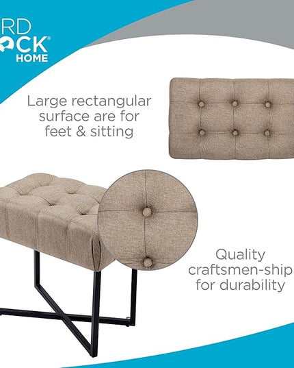 BIRDROCK HOME Rectangular Tufted Foot Stool Ottoman with Soft Padded Cushion - Versatile Vanity Chair for Bedroom, Living Room, Bathroom - Compact Seating for Adults - Beige with Black Metal Legs