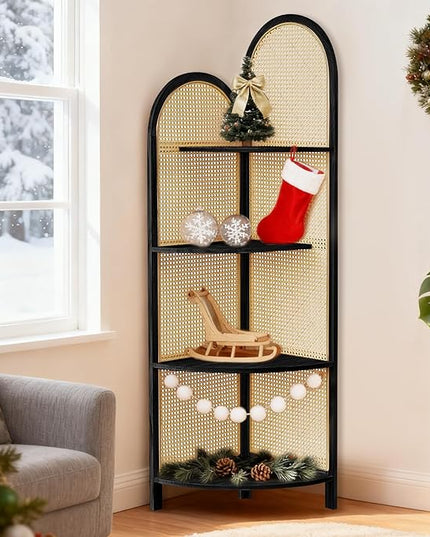 Corner Shelf Stand 4-Tier 70" Corner Shelves Display Shelf Pine Wood Frame with Rattan Wall Corner Bookshelf Multi Unit Organizer Rack with Legs for Living Room Decor,Small Space (Black)