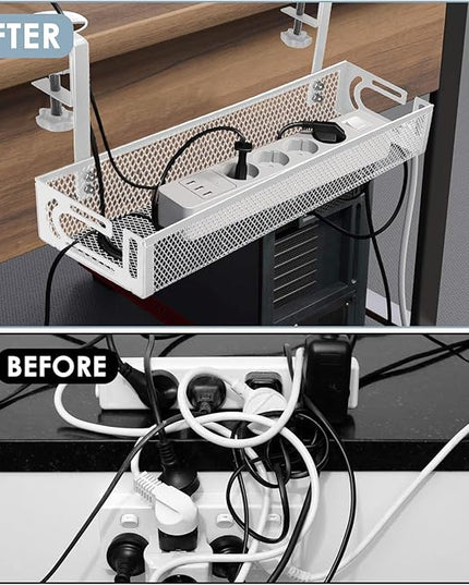 Cable Management, 2 Pack Cable Management Under Desk No Drill, Metal Cord Organizer with Clamp for Standing Desk, Cable Organizer for Home Office, White