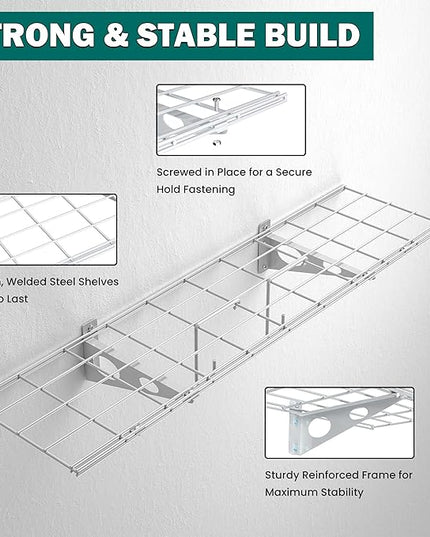 EVERHANGER Garage Wall Shelves, 12 X 48 Inch Wall Mounted Storage Shelves, Heavy Duty Metal Shelving with Hooks, 2 Pack, White