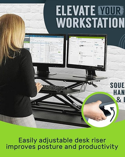 TechOrbits Standing Desk Converter - 32 Inch Adjustable Sit to Stand Up Workstation, Particle Board, Dual Monitor Desktop Riser with Keyboard Tray, for Home Office Laptop, Black 32"