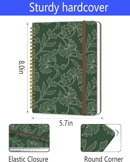 Spiral Journal Notebook, A5 Cute Notebooks for Women Men, College Ruled Hardcover Notebook for Work & Note Taking, 60 Pages Double-Wire Journals for Writing, Green Paisley Flowers