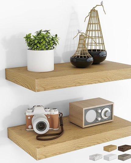 RICHFOCUS 16Inch Floating Shelves for Wall 2 Pack Shelves for Bedroom|Kitchen|Bathroom Wall Mounted Rustic Wood Floating Shelf with Invisible Brackets for Books|Storage|Decor, Oak