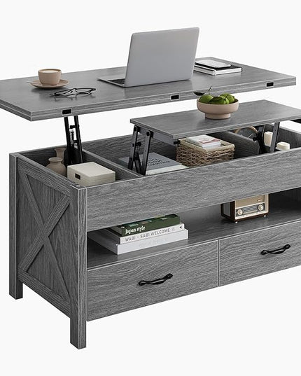 Marsail 40" Lift Top Coffee Table, 4 in 1 Coffee Table with Hidden Compartment, 1 Open Shelf and 2 Drawers, Multifunctional Farmhouse Center Table for Living Room and Home Office, Gray