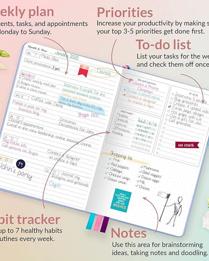 GoGirl Planner and Organizer for Women – A5 Size Weekly Planner, Goals Journal & Agenda to Improve Time Management, Productivity & Live Happier. Undated – Start Anytime, Lasts 1 Year – Light Blue