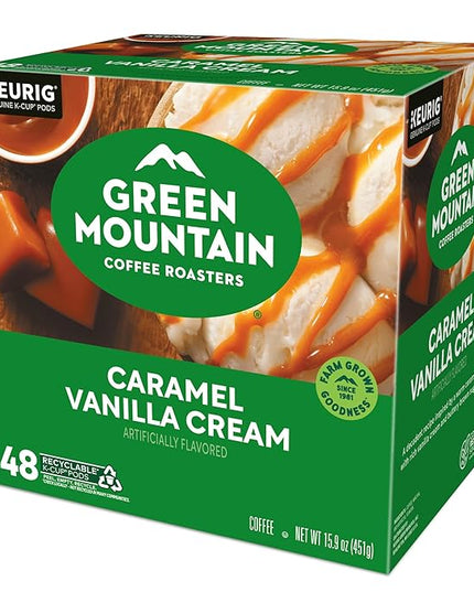 Green Mountain Coffee Roasters Caramel Vanilla Cream, Single-Serve Keurig K-Cup Pods, Flavored Light Roast Coffee Pods, 48 Count