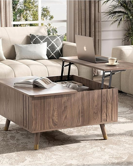 JOINICE 32" Square Lift Top Coffee Table with Storage,Mid Century Modern Walnut Center Table with Rising Desktop for Living Room, Brown Wood Finish