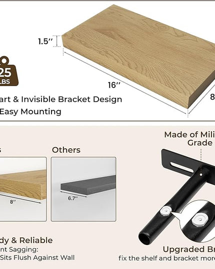 RICHFOCUS 16Inch Floating Shelves for Wall 2 Pack Shelves for Bedroom|Kitchen|Bathroom Wall Mounted Rustic Wood Floating Shelf with Invisible Brackets for Books|Storage|Decor, Oak