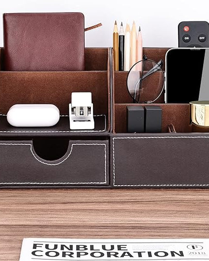 KINGFOM Pu Leather Desk Organizer Pen Pencil Holder Office Supplies Caddy Storage Box 6 Compartments with Drawer Brown
