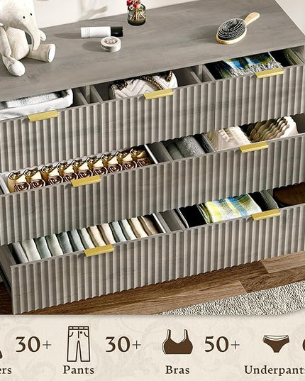 HUANLEGO Fluted Dresser for Bedroom with 7 Drawer, Mid Century Modern Chest of Drawers, 48" Wide Natural Wood Dresser for Closet, Wooden Boho Chest Closet Storage TV Stand for Bedroom, Grey