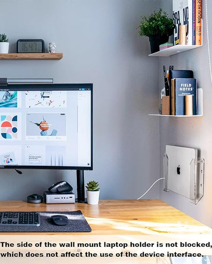 SIPRDE Wall Mount Laptop Holder - Also Available as an Under Desk Laptop Mount, Clear Acrylic, with Adhesive & Screw, for Macbooks, Surface, Keyboards, Switch, Tablets & More