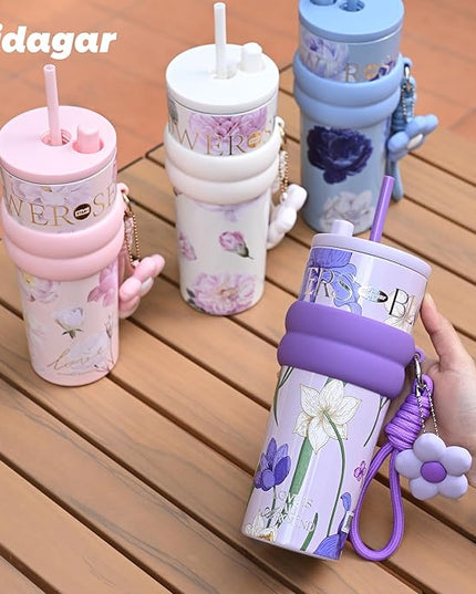 24 oz Stainless Steel Tumbler with Lid and Straw, Insulated Coffee Mug, Leak Proof, Portable Iced Travel Water Bottle, Reusable Thermal Coffee Cup, Floral Pink