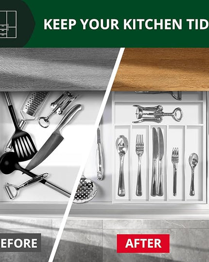 ROYAL CRAFT WOOD Luxury Bamboo Kitchen Drawer Organizer - Silverware Organizer - Utensil Holder and Cutlery Tray with Grooved Drawer Dividers for Flatware and Kitchen Utensils (7 Slot, White)