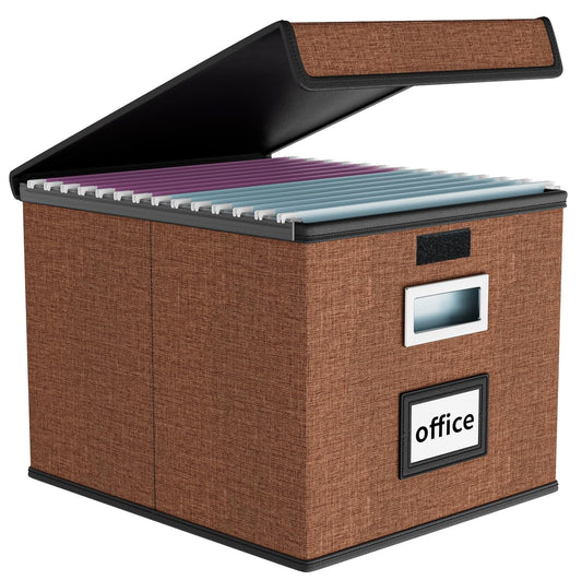 Huolewa Upgrade Portable File Organizer Box with Lid,Large Linen Hanging Office Document Storage Box with Lid,Collapsible Filing&Storage Box for Office/Decor/Home-14.9x12.7x10.8in,1pk-without folders