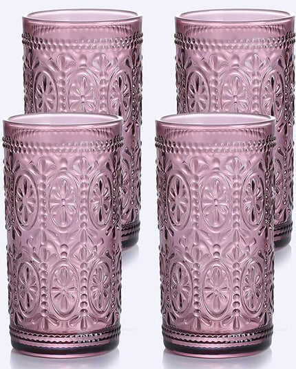 Purple Drinking Glasses Set of 4, Vintage Drinking Glasses, Colored Glassware Drinking, Highball Beverage Glasses Cup, Vintage Glassware Set for Water, Juice, Cocktail, Coffee