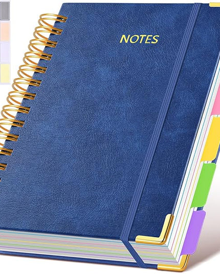 Hardcover Spiral Notebook journal with Removable Dividers Tabs, 300 Pages Leather 5 Subject Notebook College Ruled, 100GMS A5 Notebooks for Work School Note taking,Lined Journal for Women,A5 Navy