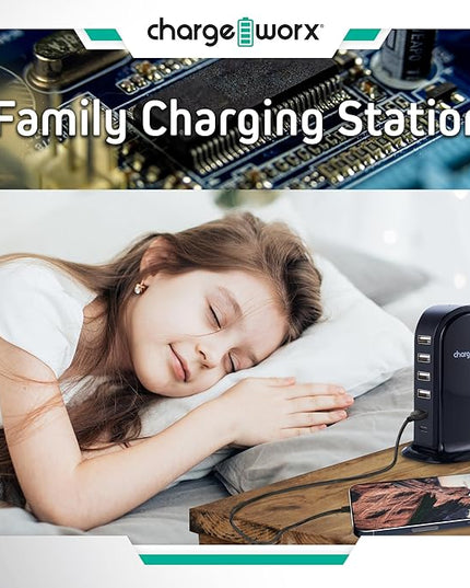 ChargeWorx Multi-Port Charger with 4 USB-A and 2 USB-C Ports, Fast Tower Charging Station, 40-Watt Output, Includes Surge Protector, Fire-Resistant Design, Compatible with iPhone and Android Devices