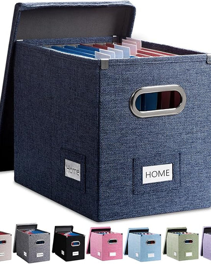 PRANDOM File Organizer Box - Set of 1 Collapsible Decorative Linen Filing Storage Hanging File Folders with Lids Office Cabinet Letter Size Navy Blue (14x9.3x10.8 inch)