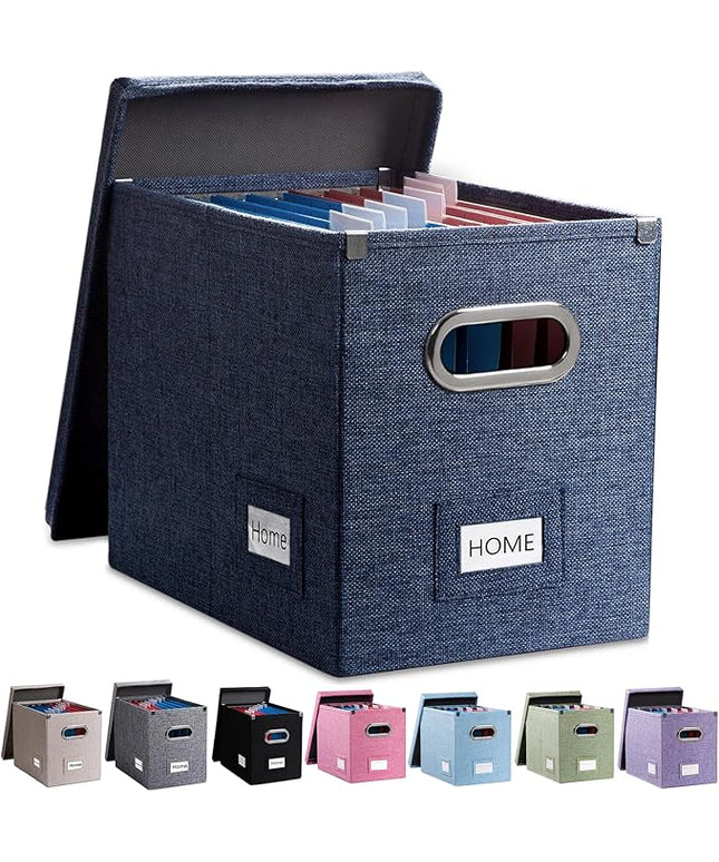 PRANDOM File Organizer Box - Set of 1 Collapsible Decorative Linen Filing Storage Hanging File Folders with Lids Office Cabinet Letter Size Navy Blue (14x9.3x10.8 inch)