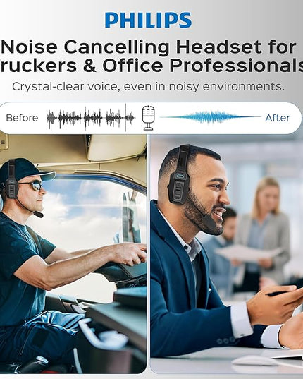 Philips Trucker Bluetooth Headset with Mic, Wireless Single Ear Trucker Headset with AI Noise-Canceling Microphone & Mute Button, All Day Extended Playtime, Headphones for Truck Drivers, Home, Office