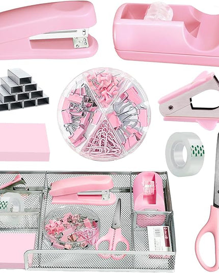 Pink Office Desk Accessories, Pink Office Supplies Set, Desk Drawer Organizer,Stapler and Tape Dispenser Set,Tape,Staple Remover, Staples, Paper Clips, Scissor and Sticky Note