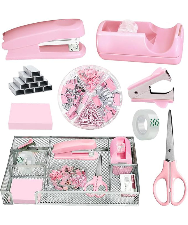 Pink Office Desk Accessories, Pink Office Supplies Set, Desk Drawer Organizer,Stapler and Tape Dispenser Set,Tape,Staple Remover, Staples, Paper Clips, Scissor and Sticky Note