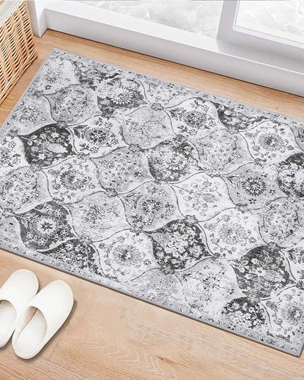 Lahome Moroccan Trellis Washable Rug, 2x3 Kitchen Rugs for Entryway Bathroom, Non-Slip Indoor Door Mat Ultra-Thin, Small Oriental Throw Carpet for Bedroom Entry, Silver/Grey