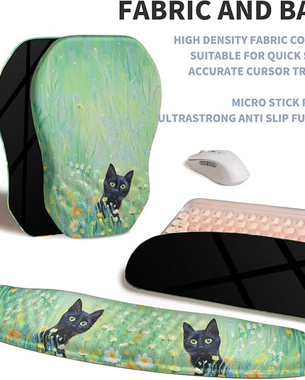 2-in-1 Ergonomic Set, Wave Keyboard Wrist Rest and Massage Slope Mouse Pad Wrist Support, Rebound Memory Foam for Relieve Carpal Tunnel Syndrome and Wrist Pain (Oil Painting Cats)